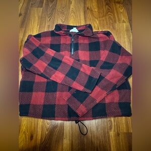 Women’s Semi Cropped Red Plaid Long Sleeve Zippered Sweater